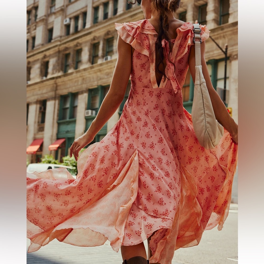 Free People Joaquin Floral Asymmetrical Hem Midi Dress in Peach Combo - Picture 2 of 14